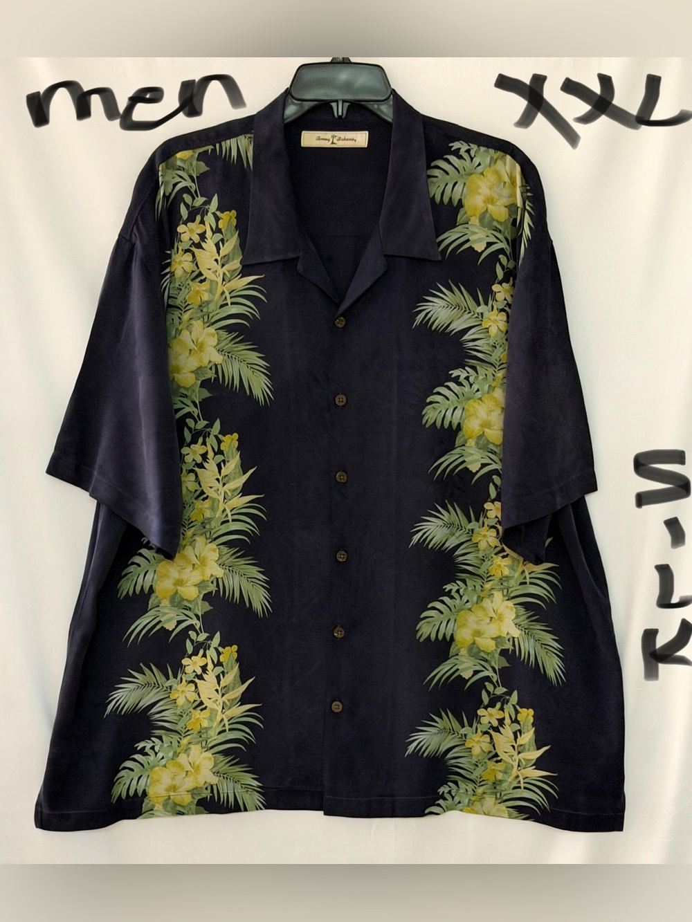 Tommy Bahama Navy Hawaiian Floral Camp Shirt with Yellow and Green Accents